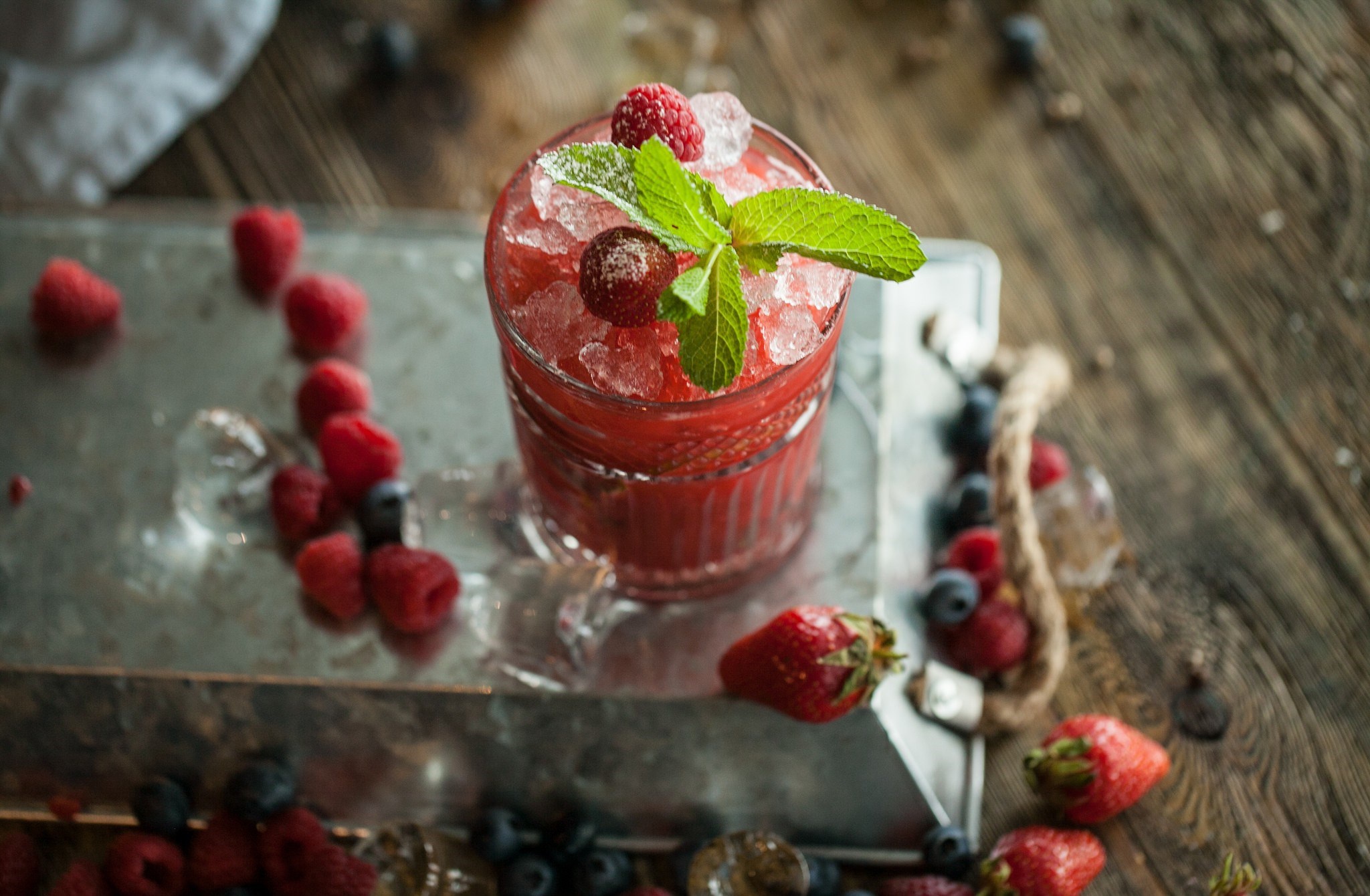 drinking glass, Cocktail, Cocktails, Fruit, Strawberries, Raspberries, Blueberries, Mint, Ice cubes Wallpaper