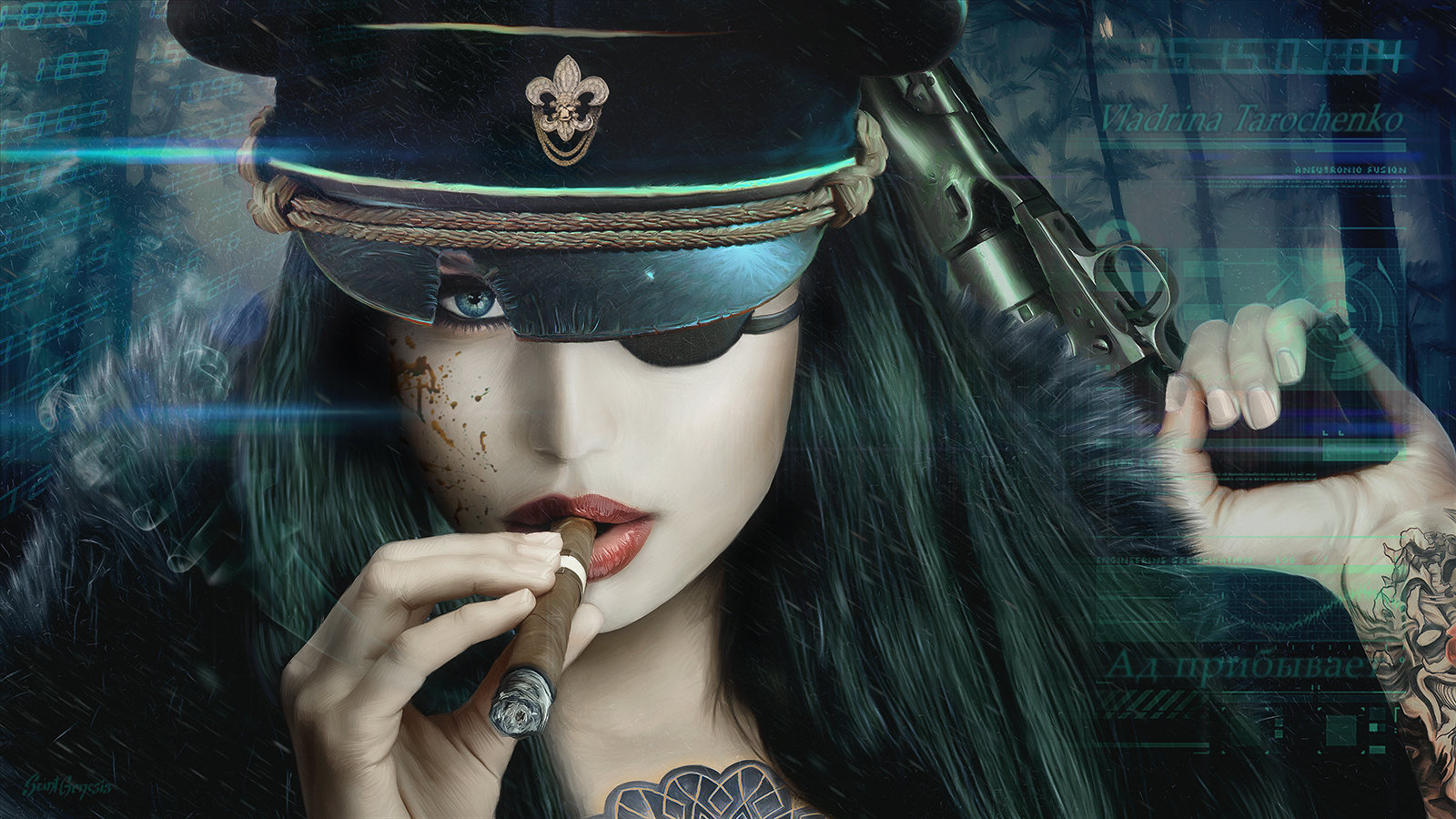 women, Police, Vincent Tanguay, Digital art, Tattoo, Weapon, Fantasy art, Fantasy girl Wallpaper