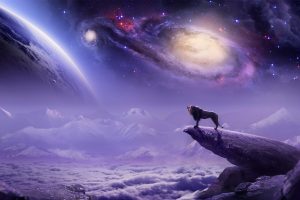 painting, Airbrushed, Digital art, Lion, Landscape, Mountains, Galaxy, Clouds