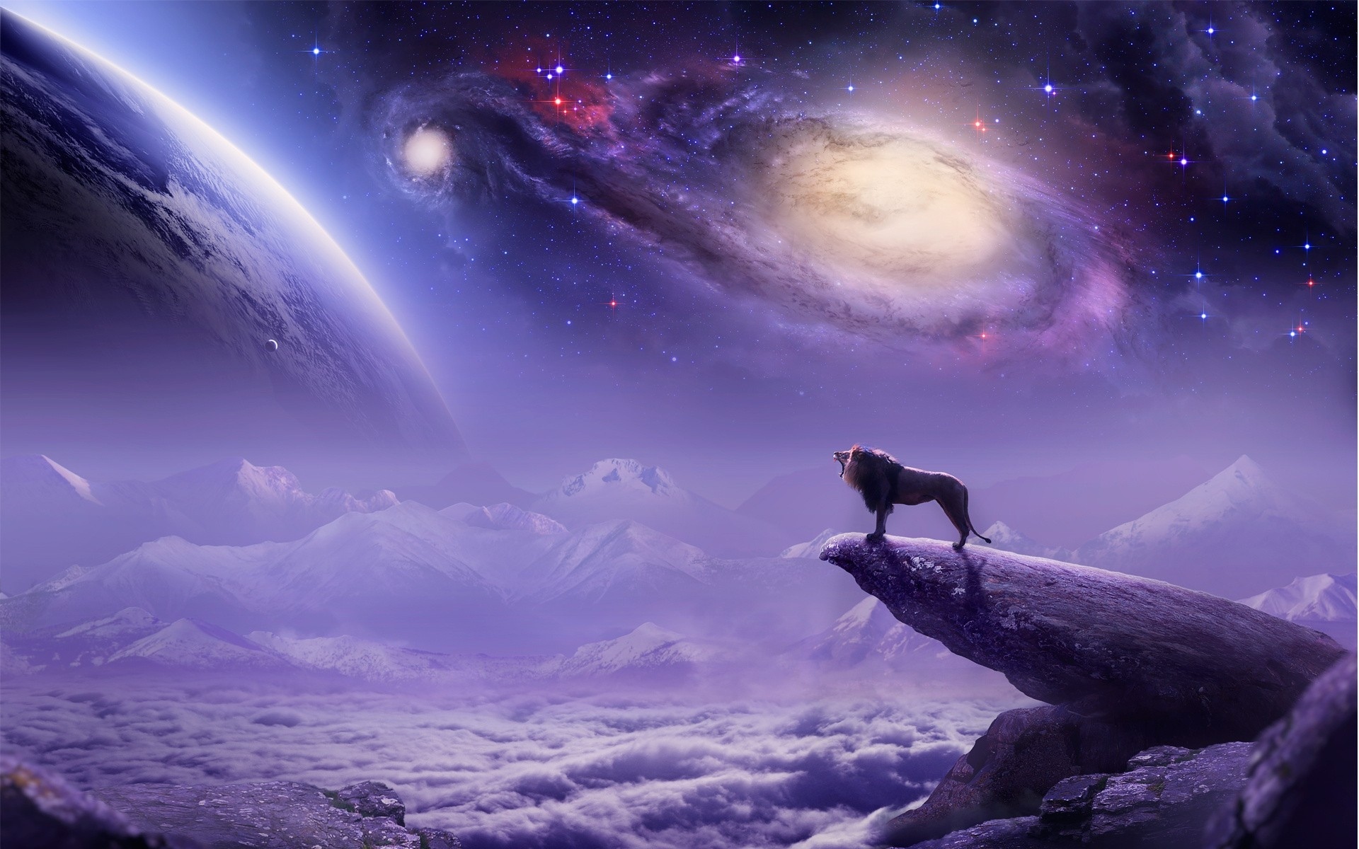 painting, Airbrushed, Digital art, Lion, Landscape, Mountains, Galaxy, Clouds Wallpaper