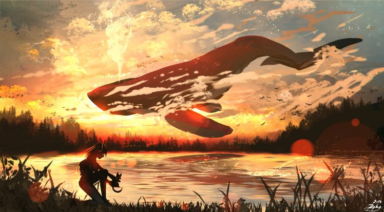 landscape, Sunset, Fantasy art, Whale HD Wallpaper Desktop Background