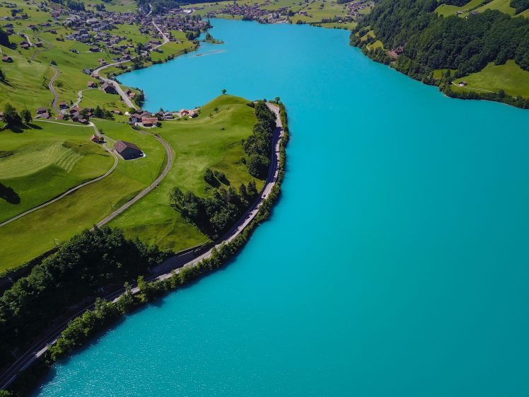 Switzerland, Blue, Water, Road, Trees, Lake, Aerial view HD Wallpaper Desktop Background