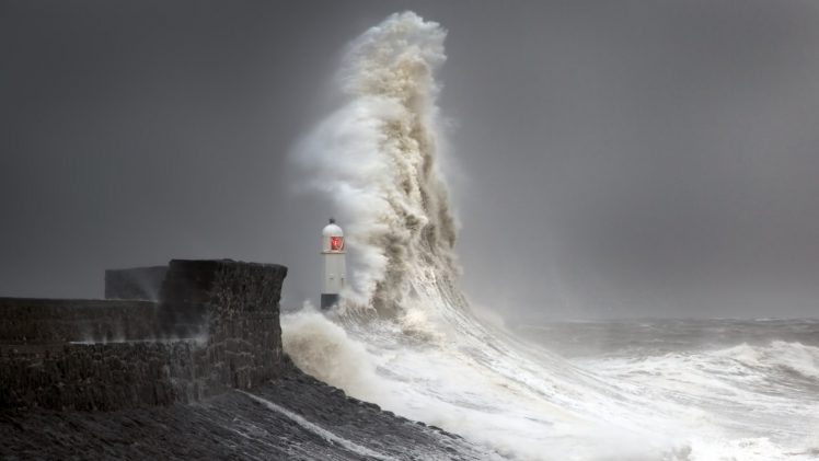 Steve Garrington, Nature, Landscape, Water, Lighthouse, Storm, Coastline, Wall, Waves, Sea, Stones, Wales HD Wallpaper Desktop Background