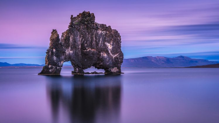 nature, Landscape, Water, Long exposure, Rock formation, Clouds, Sea, Mountains, Rock, Imagination, Reflection, Hvítserkur, Iceland HD Wallpaper Desktop Background