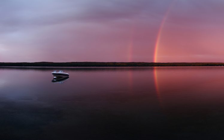 nature, Landscape, Water, Reflection, Boat, Rainbows, Lake, Horizon, Forest HD Wallpaper Desktop Background