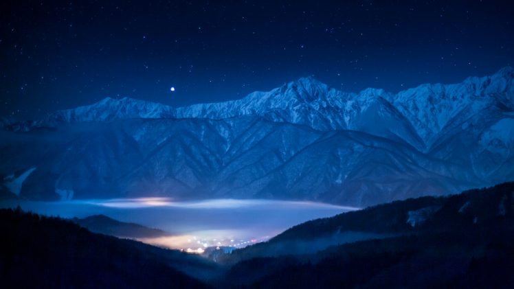 nature, Landscape, Mountains, Mist, Night, Valley, Stars, Lights, Snowy peak, Forest, Hills, Blue HD Wallpaper Desktop Background