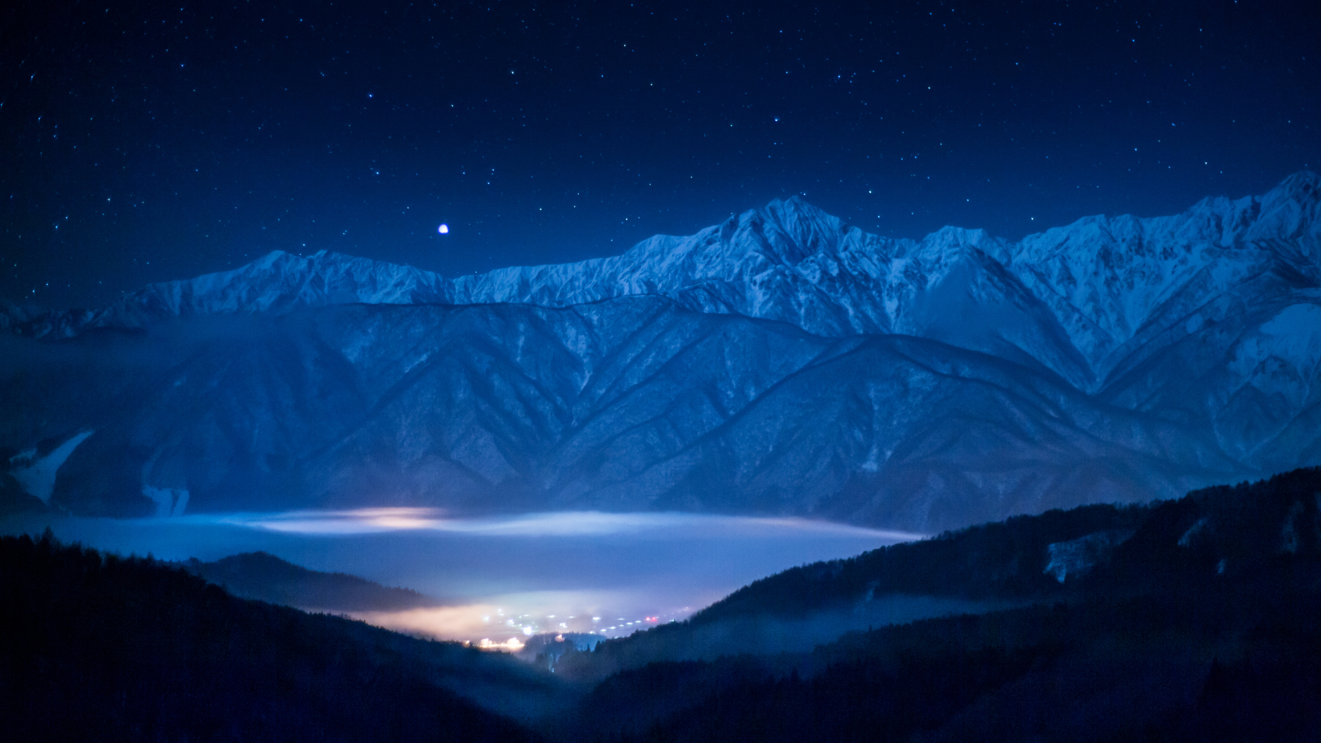nature, Landscape, Mountains, Mist, Night, Valley, Stars, Lights, Snowy peak, Forest, Hills, Blue Wallpaper