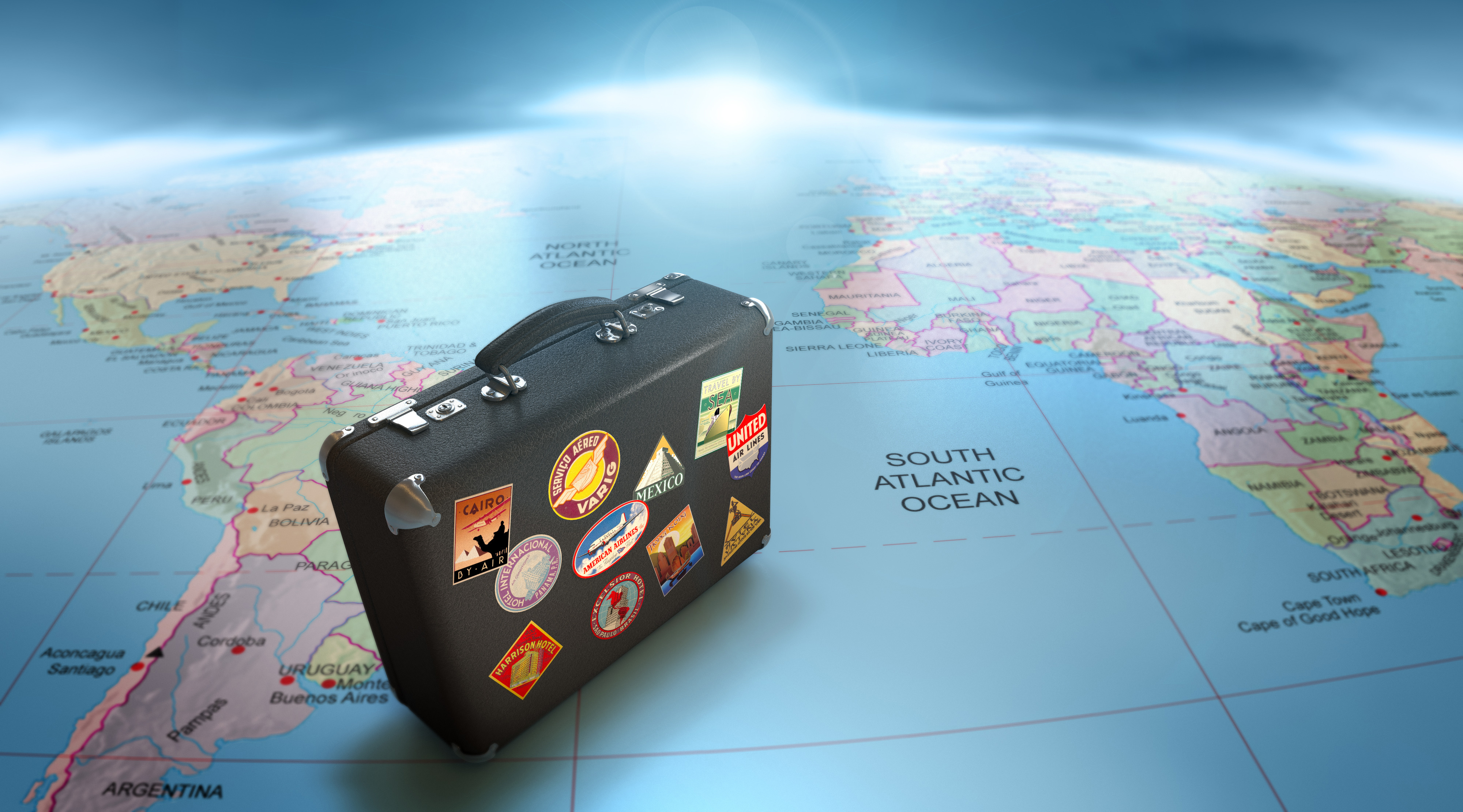 planet, Earth, Globes, Luggage, Suitcase, Stickers, Continents, South America, Africa, North America, Lights, World map, Render Wallpaper