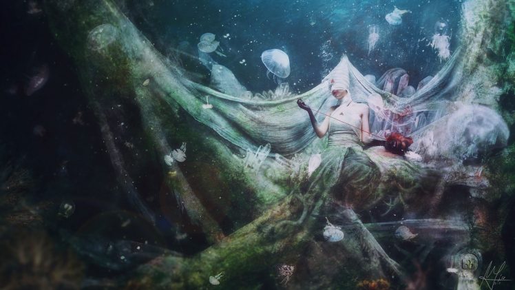 women, Heart, Mario Sanchez Nevado, Digital art, Fantasy art, Nature, Underwater, Jellyfish, Surreal, White dress, Fish HD Wallpaper Desktop Background
