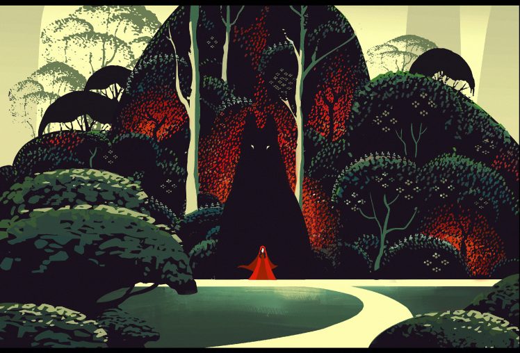 Little Red Riding Hood, Children, Creepy, Eyes, Mahea Rodrigues, Fantasy art, Wolf, Fairy tale, Nature, Trees, Silhouette, Digital art HD Wallpaper Desktop Background