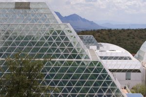 nature, Landscape, Building, Science, Technology, Laboratories, Biosphere 2, Pyramid, Arizona, USA, Trees, Hills, Futuristic