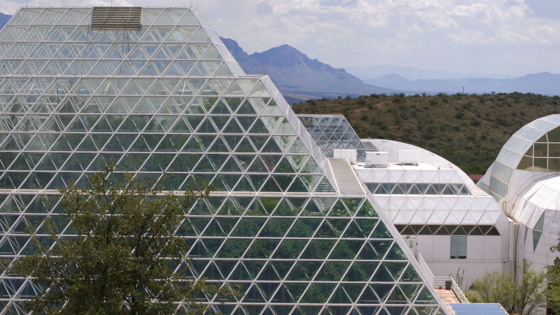 nature, Landscape, Building, Science, Technology, Laboratories, Biosphere 2, Pyramid, Arizona, USA, Trees, Hills, Futuristic Wallpaper