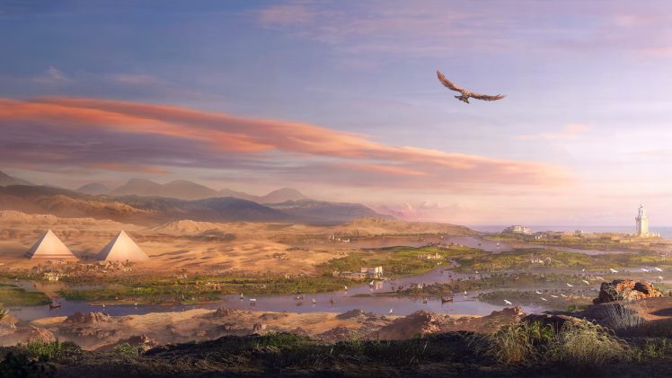 video games, Landscape, Assassins creed Origins, Egypt, Eagle, Pyramid, River, Assassin&039;s Creed: Origins, Assassin&039;s Creed HD Wallpaper Desktop Background