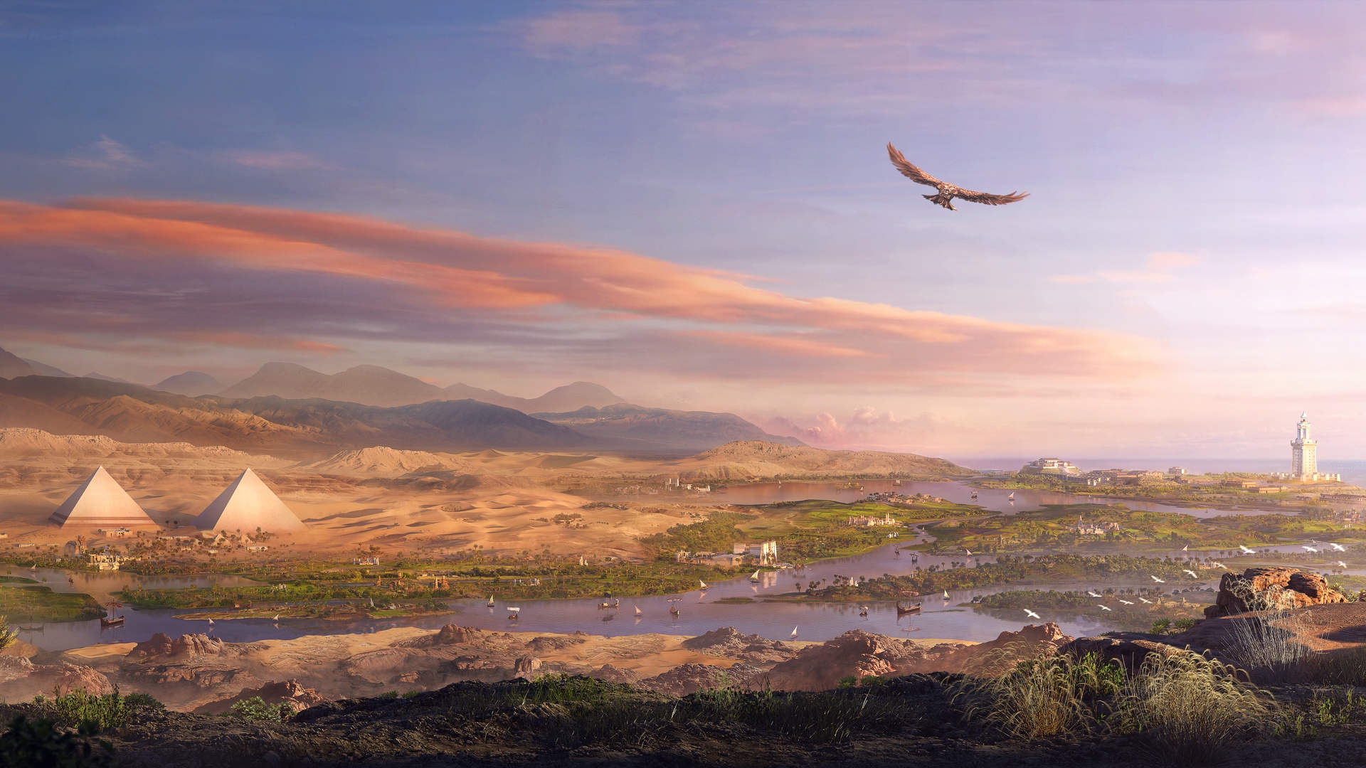 video games, Landscape, Assassins creed Origins, Egypt, Eagle, Pyramid, River, Assassin&039;s Creed: Origins, Assassin&039;s Creed Wallpaper