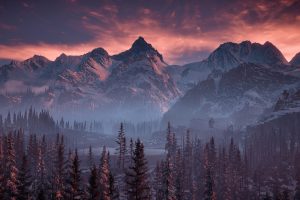 Horizon: Zero Dawn, Snow, Mountains, Video games, Landscape, Sunset, Trees, Forest, Mist, Clouds