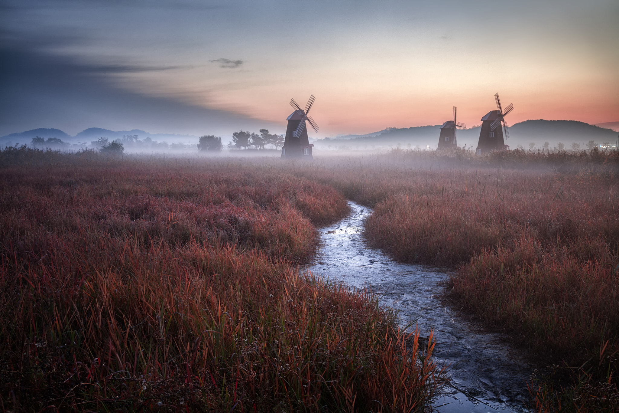 nature, Mist, Landscape, Windmill Wallpaper