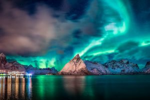 Norway, Blue, Sky, Mountains, Lights, Water, Nature, Aurorae, Reflection