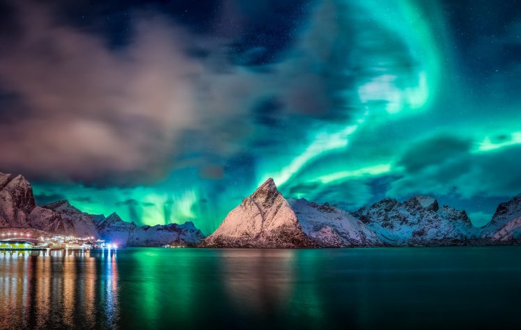 Norway, Blue, Sky, Mountains, Lights, Water, Nature, Aurorae, Reflection HD Wallpaper Desktop Background