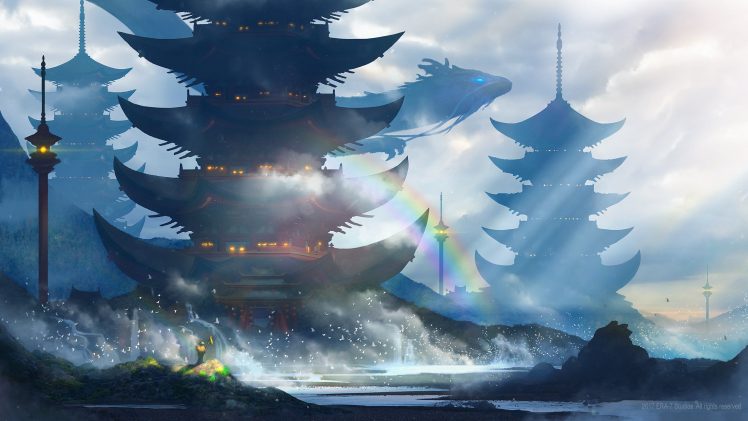 castle, Dragon, Artwork, Pagoda, Chinese architecture HD Wallpaper Desktop Background