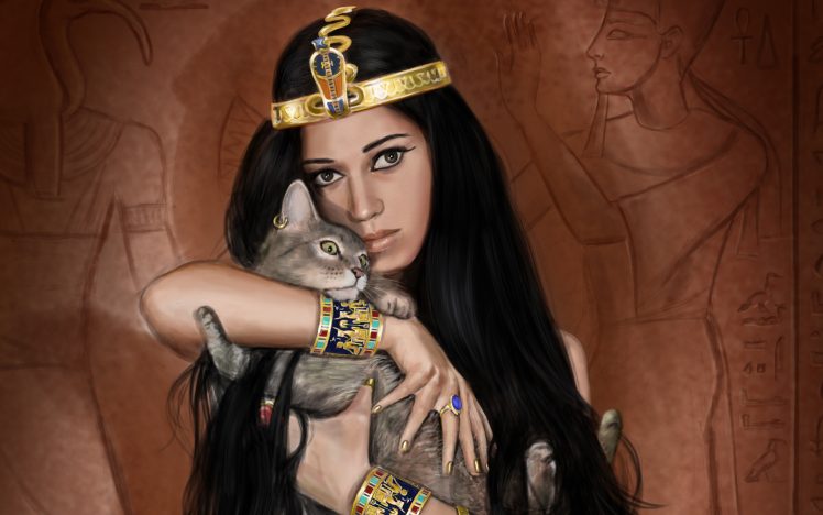Egypt, Isis, Cat, Illustration, Fantasy girl, Artwork, Fantasy art HD Wallpaper Desktop Background