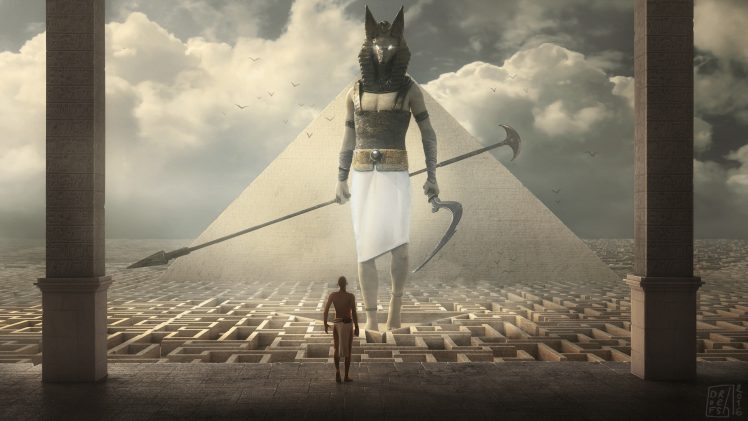 warrior, DOFRESH, Egypt, Illustration, Anubis, Pyramid, Fantasy art, Artwork HD Wallpaper Desktop Background
