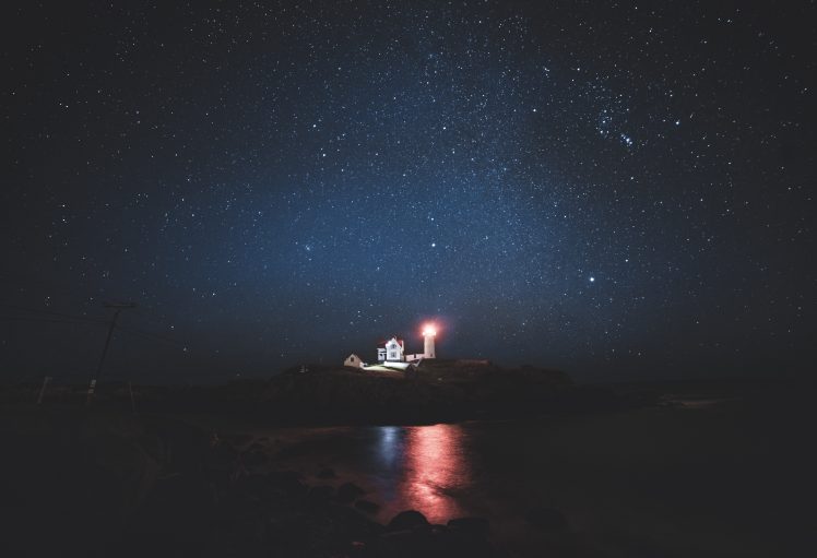 lighthouse, Sea, Starry night, Lights HD Wallpaper Desktop Background