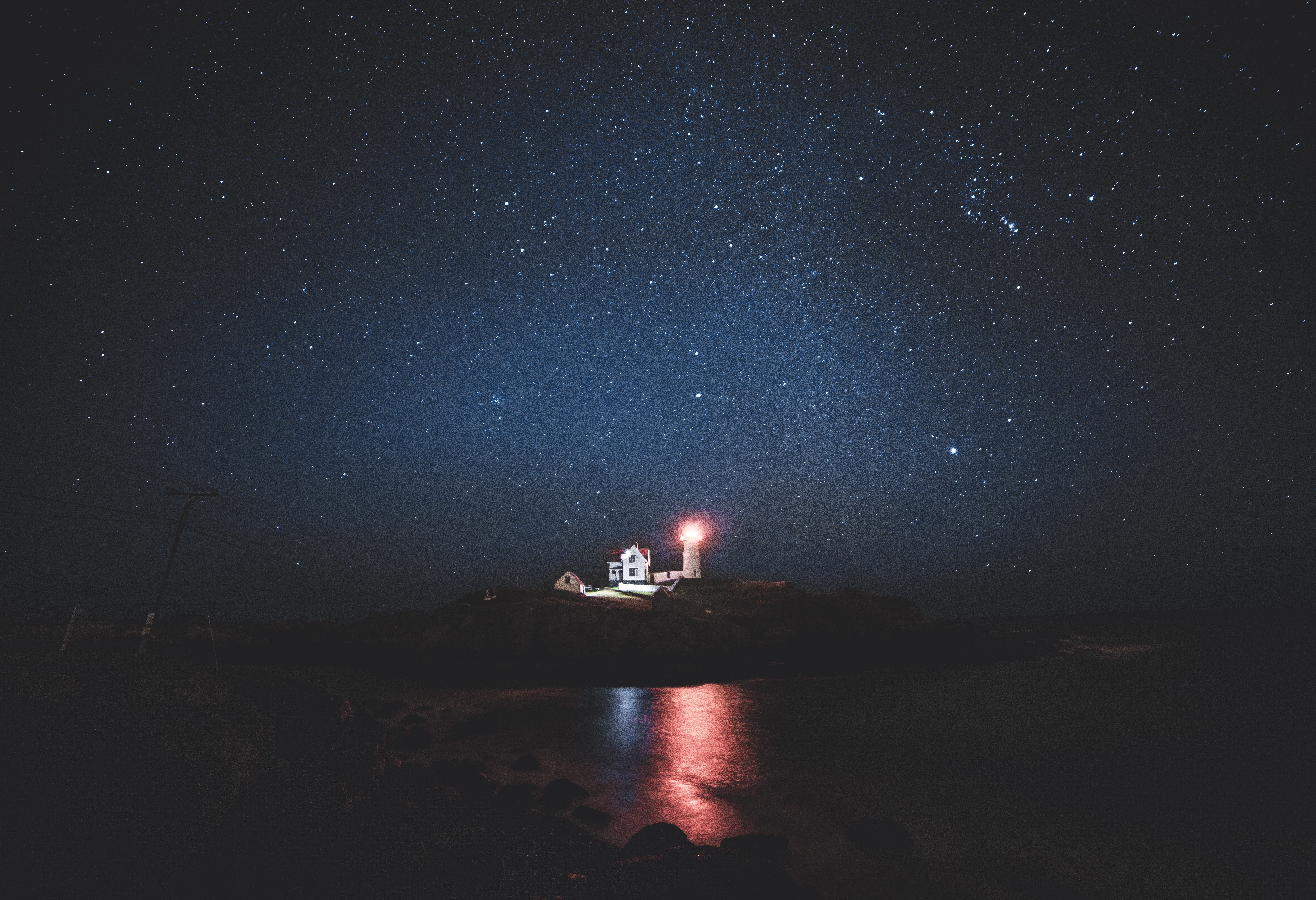 lighthouse, Sea, Starry night, Lights Wallpaper