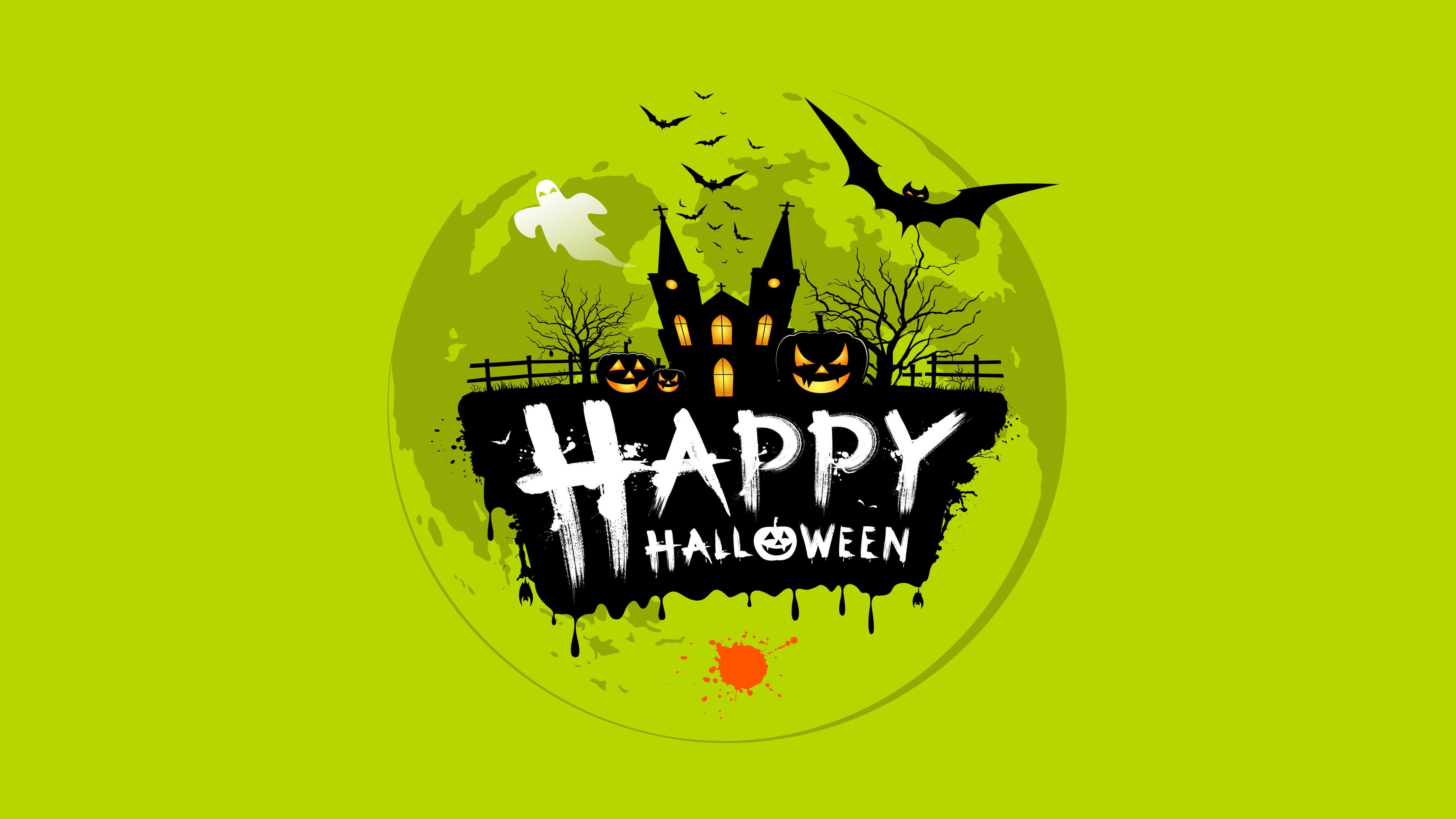 Halloween, Digital art, Green background, Typography Wallpapers HD
