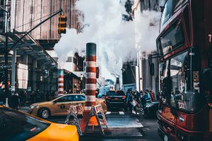 New York City, Buses, New York Taxi, Taxi, Smoke, Traffic lights, Street