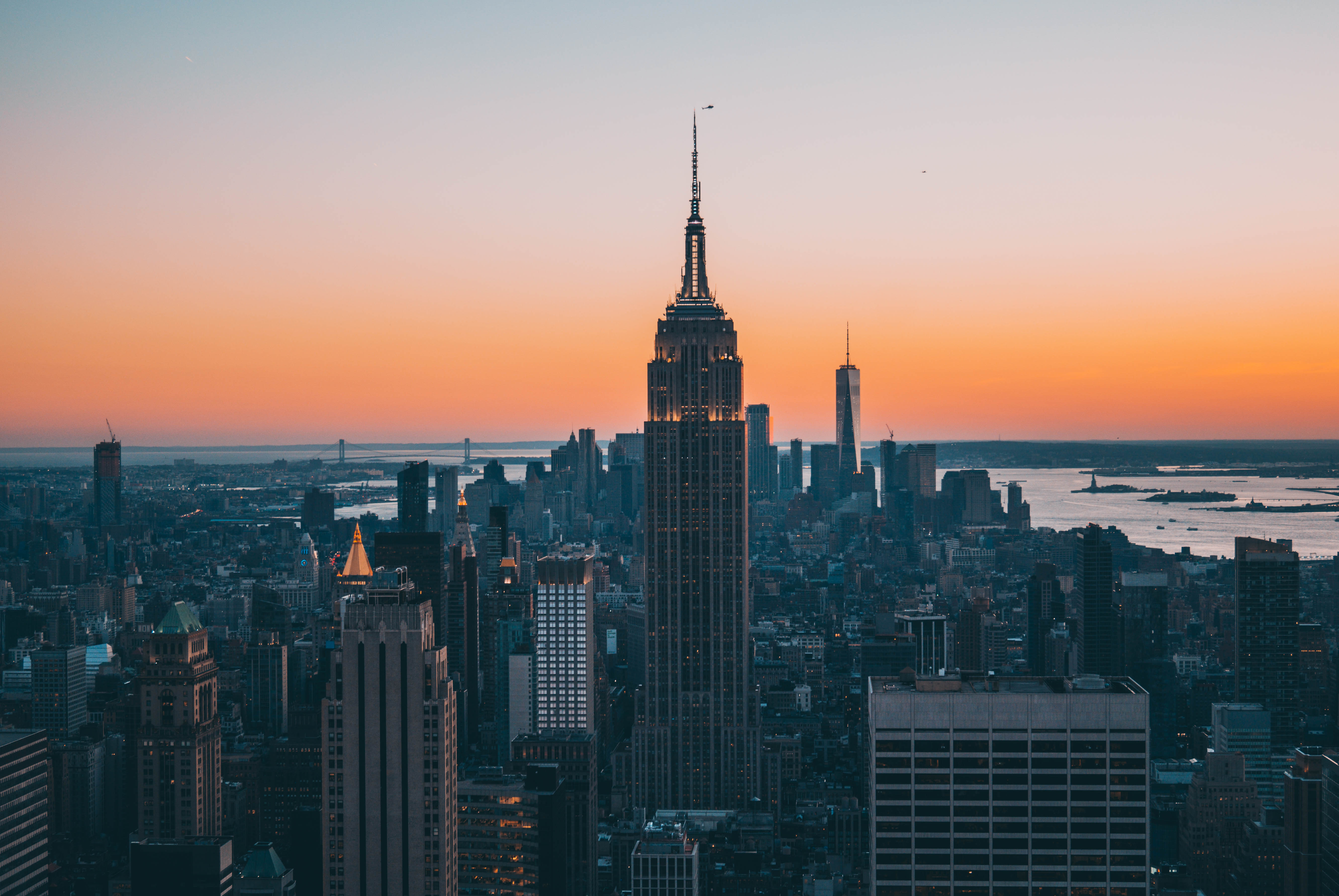 New York City, Sunset, Cityscape, Empire State Building, 30 Rockefeller Plaza, Top of the rock, Helicopter, Scyscrapers, USA, Manhattan, Building, One World Trade Center Wallpaper