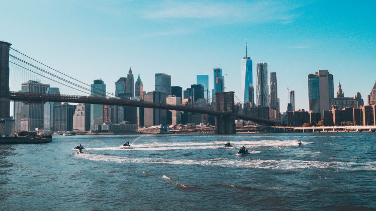New York City, Water, Cityscape, Brooklyn Bridge, Scyscrapers, Jetskis HD Wallpaper Desktop Background
