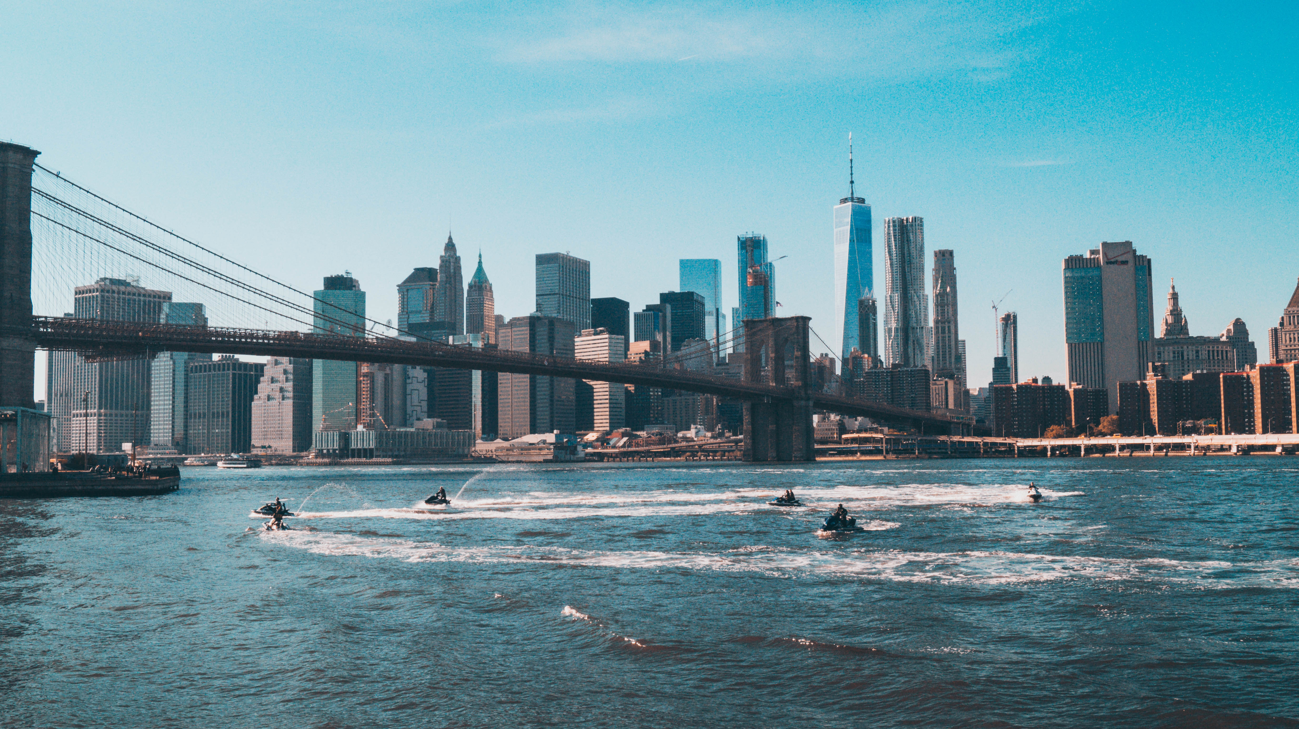 New York City, Water, Cityscape, Brooklyn Bridge, Scyscrapers, Jetskis Wallpaper