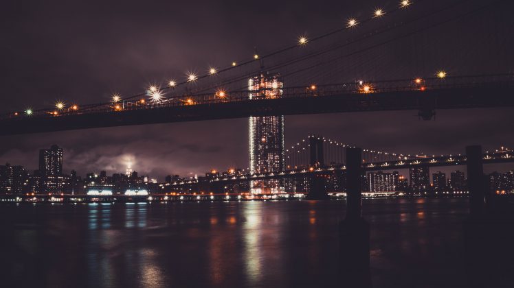 New York City, Night, Cityscape, Brooklyn Bridge, Manhattan Bridge, Lights, Long exposure HD Wallpaper Desktop Background