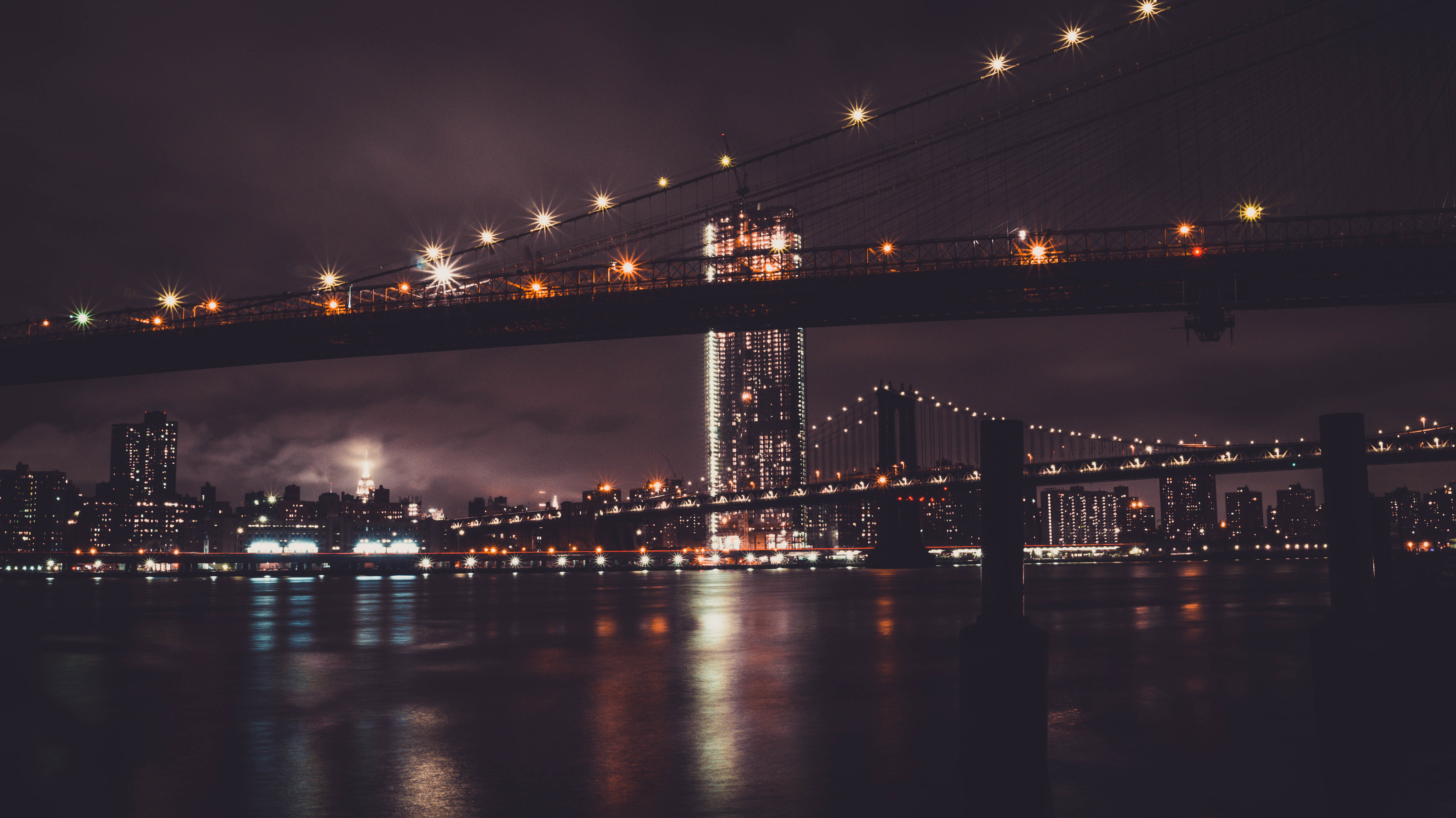 New York City, Night, Cityscape, Brooklyn Bridge, Manhattan Bridge, Lights, Long exposure Wallpaper