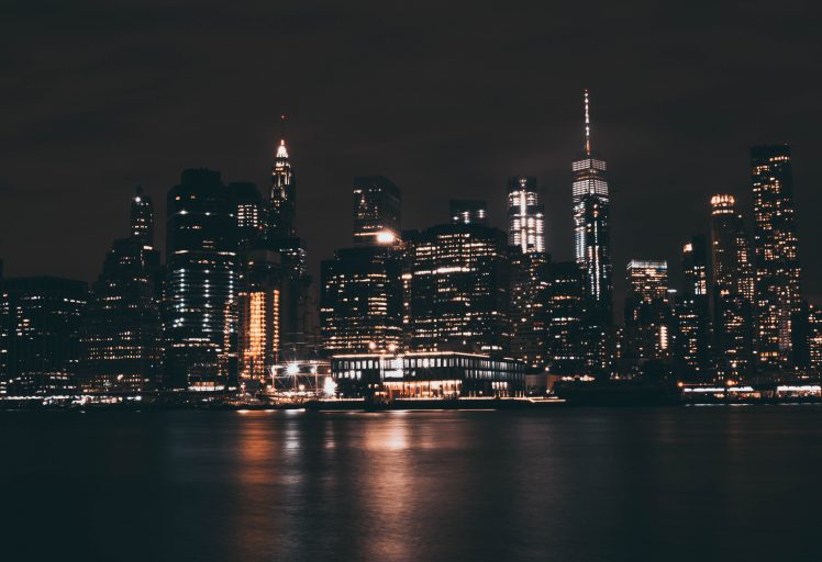 New York City, Cityscape, Reflection, Scyscrapers, Sea, Night, Lights, Long exposure HD Wallpaper Desktop Background