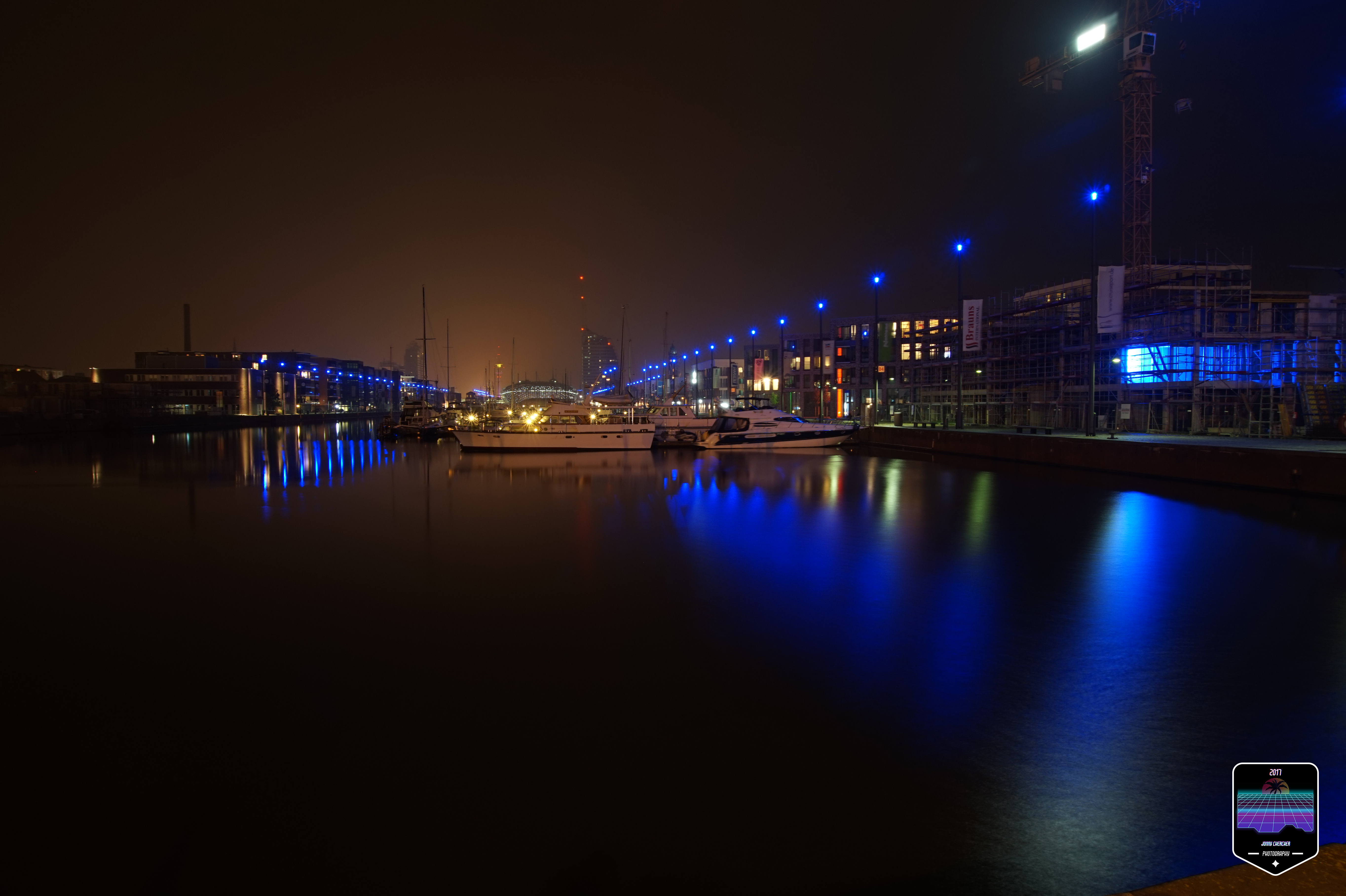 night, Neon, Blue, Cityscape, Clear sky, Watermarked Wallpaper