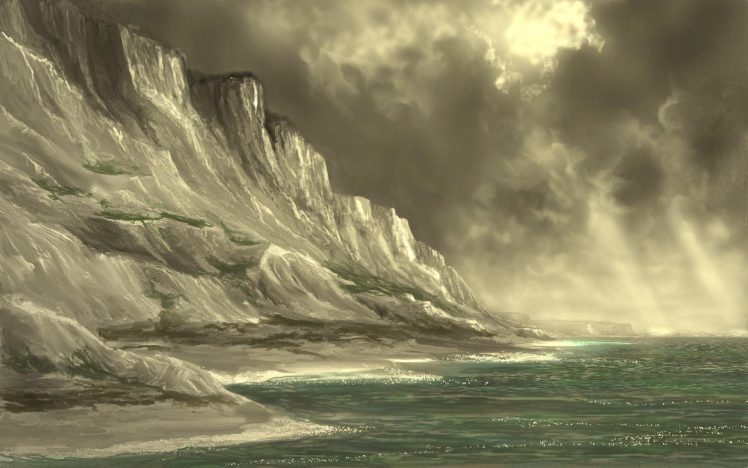 david walker, Nature, Landscape, Sea, Cliff, Coastline, Cliffs of Dover, England, UK, Storm, Clouds, Painting, Digital art HD Wallpaper Desktop Background