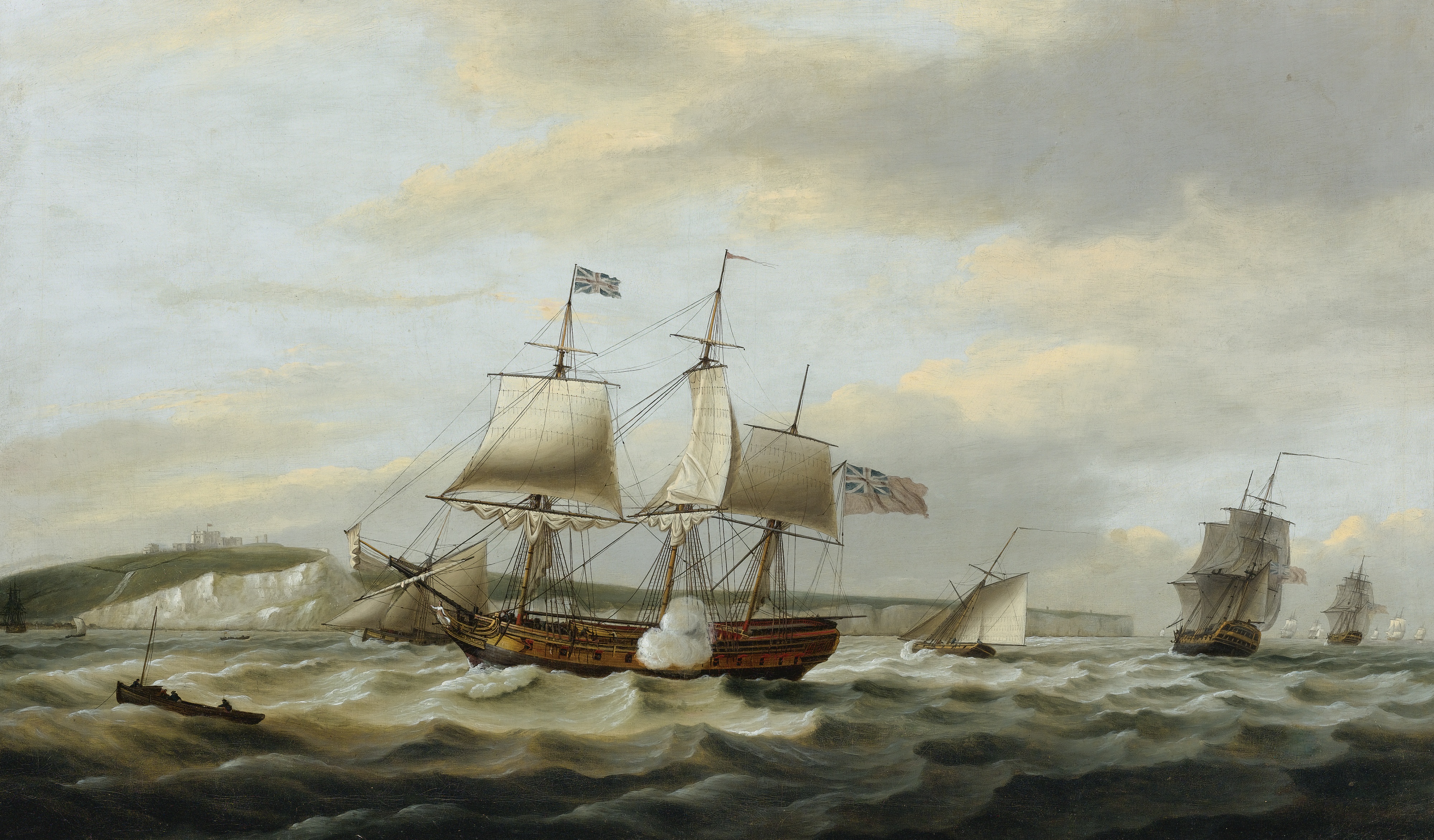Thomas Luny, Nature, Landscape, Sea, Cliff, Coastline, Cliffs of Dover, England, UK, Sailing ship, Boat, Painting, Classical art, Traditional art, Artwork, Waves Wallpaper