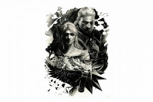 Geralt of Rivia, Ciri, The Witcher, The Witcher 3: Wild Hunt, Simple background, Monochrome