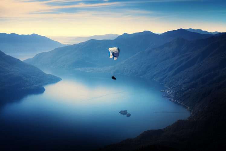 blue, Mountains, Water, Nature, Parachutes, Landscape HD Wallpaper Desktop Background