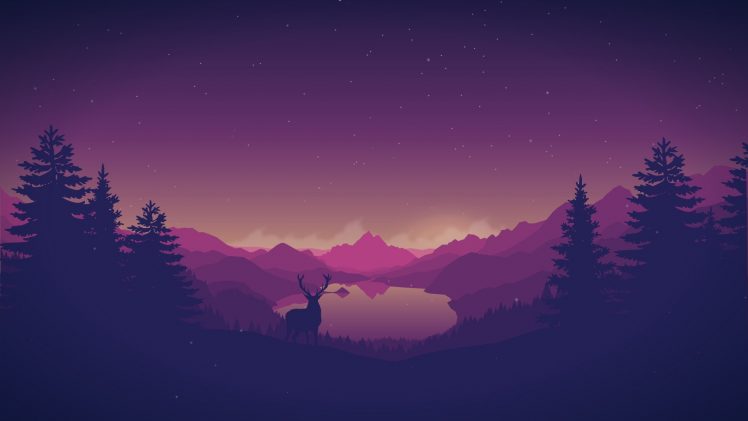 artwork, Deer, Antlers, Forest, Mountains, Lake, Digital art, Sky HD Wallpaper Desktop Background