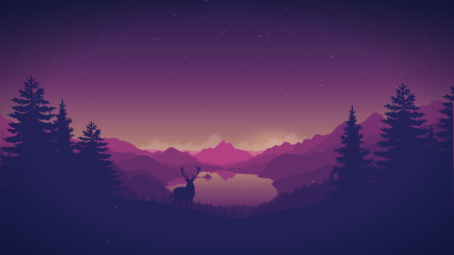artwork, Deer, Antlers, Forest, Mountains, Lake, Digital art, Sky Wallpaper