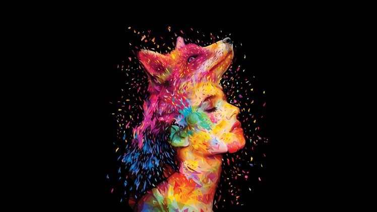 closed eyes, Face, Women, Colorful, Artwork, Alessandro Pautasso, Fox HD Wallpaper Desktop Background
