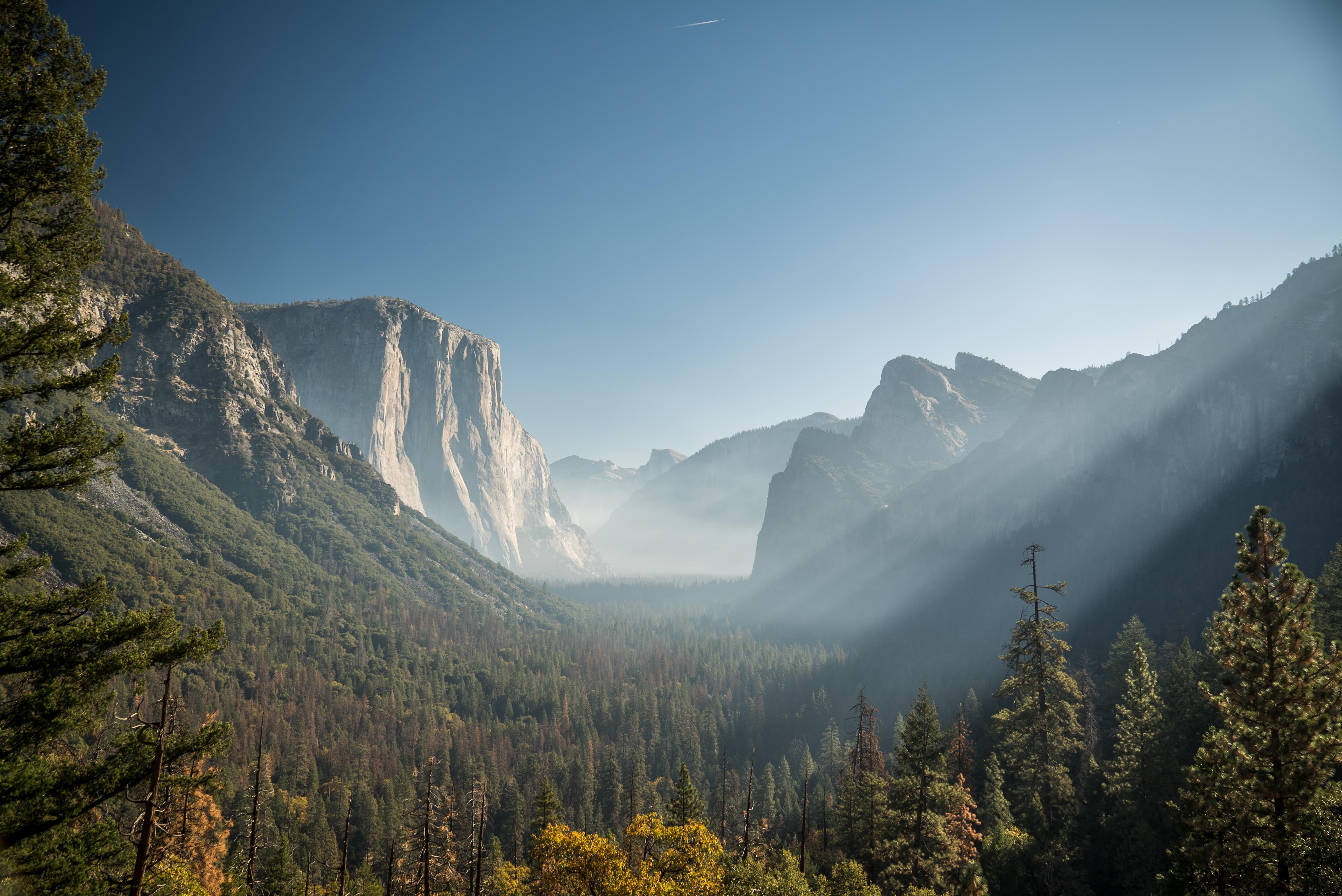 nature, Landscape, Trees, Mountains, Sun rays, Yosemite National Park Wallpaper