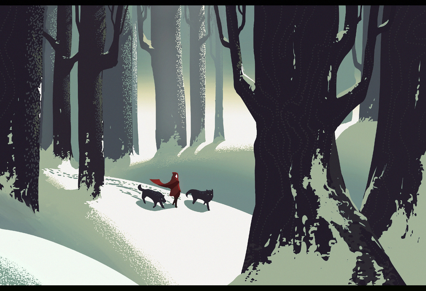 Little Red Riding Hood, Mahea Rodrigues, Winter, Snow, Trees, Wolf, Fairy tale, Forest, Illustration, Artwork, Animals, Fantasy girl Wallpaper