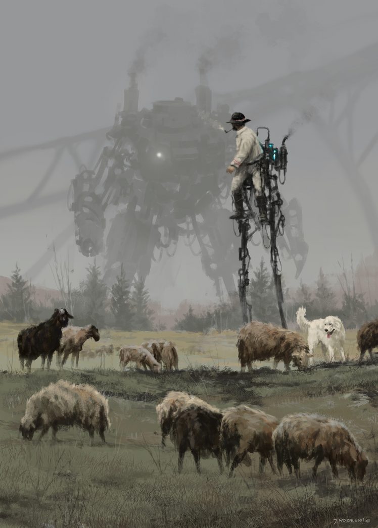 Jakub Różalski, Shepherd, Digital art, Futuristic, Robot, Animals, Sheep, Nature, Mist, Dog, Portrait display, Painting, Machine, Trees, Mech, Pipe HD Wallpaper Desktop Background