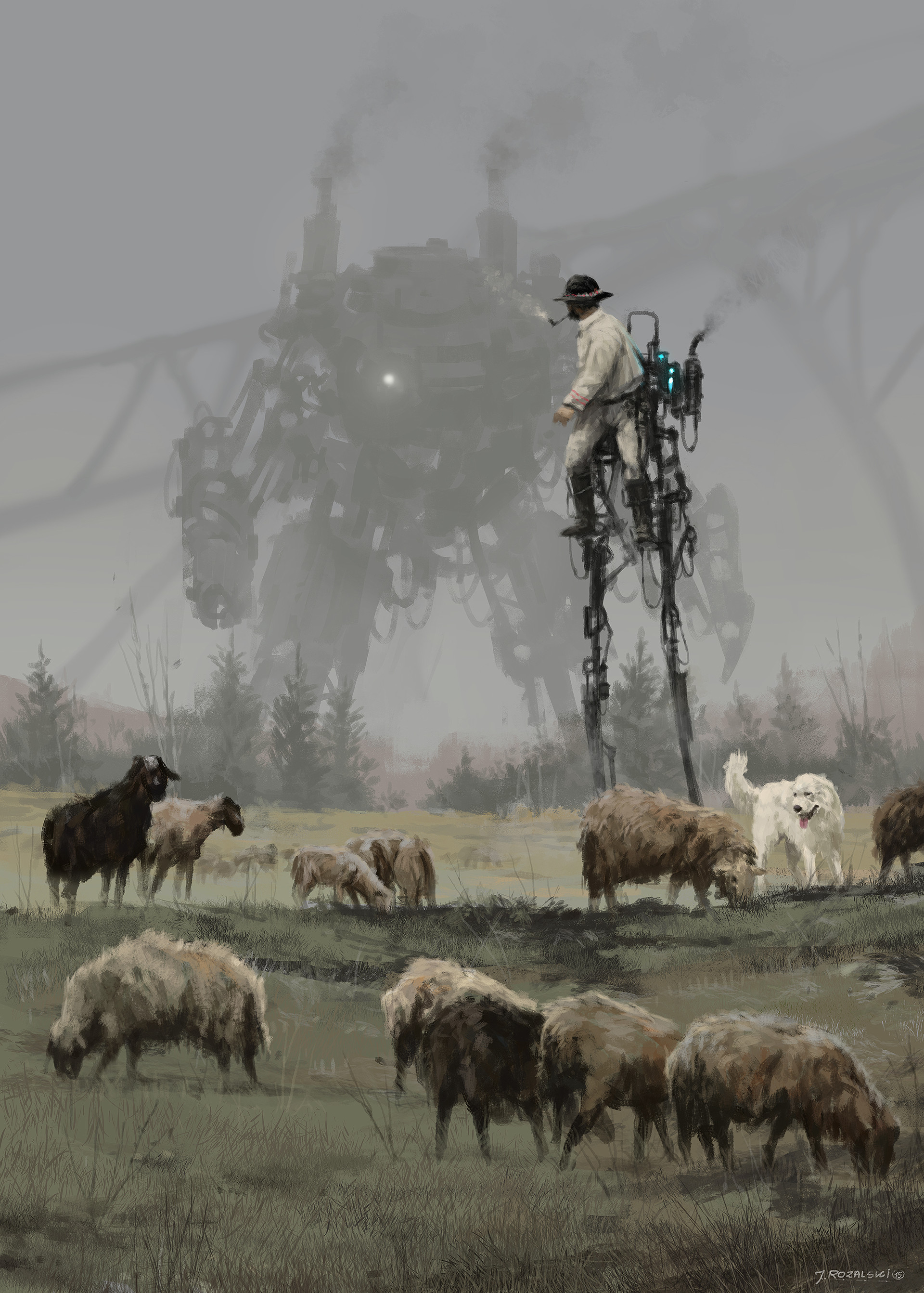 Jakub Różalski, Shepherd, Digital art, Futuristic, Robot, Animals, Sheep, Nature, Mist, Dog, Portrait display, Painting, Machine, Trees, Mech, Pipe Wallpaper