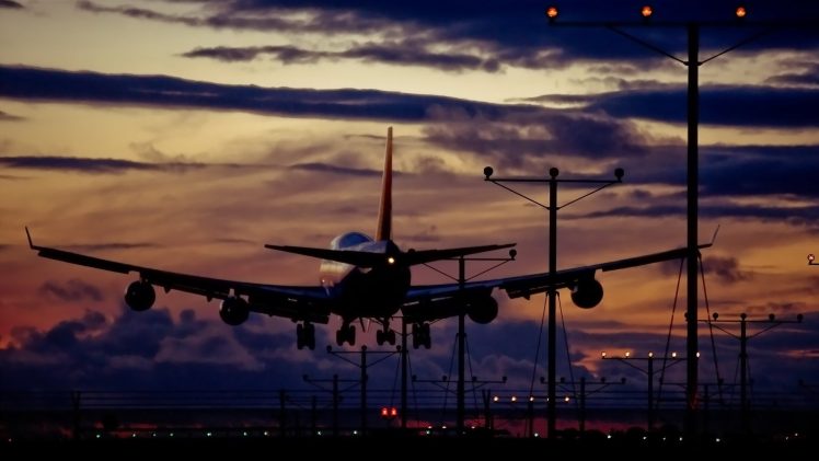 landing, Airplane, Clouds, Lights, Boeing 747 HD Wallpaper Desktop Background