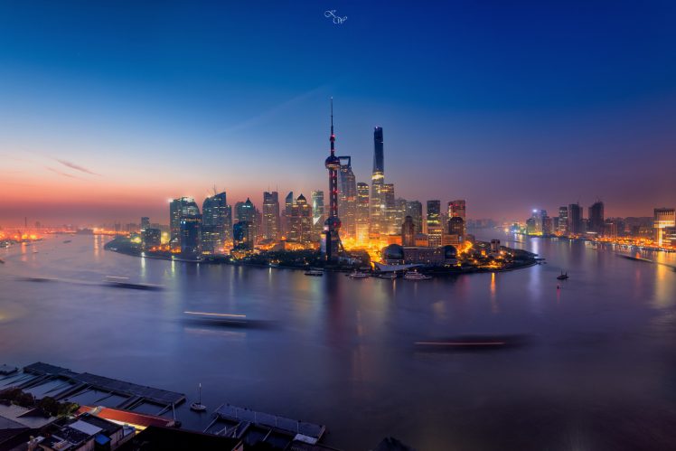 city, Long exposure, Water, City lights, Shanghai, China HD Wallpaper Desktop Background