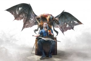 Geralt of Rivia, White hair, Vampires, The Witcher, Digital art, Artwork, Video games, The Witcher 3: Wild Hunt, Blood and wine, Wings, Sword, Throne
